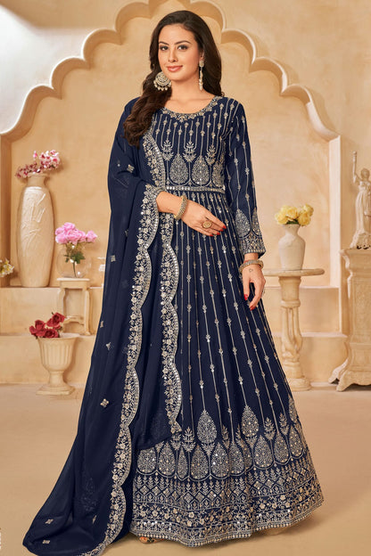 Navy Blue Colour Semi Stitched Faux Georgette Anarkali Suit