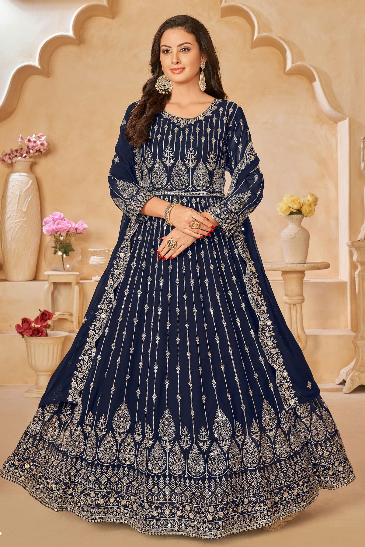 Navy Blue Colour Semi Stitched Faux Georgette Anarkali Suit