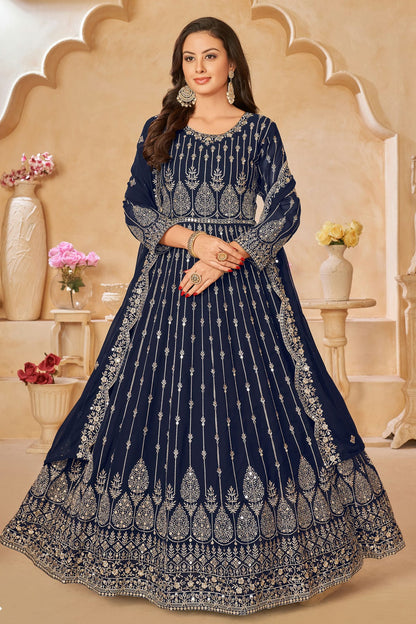 Navy Blue Colour Semi Stitched Faux Georgette Anarkali Suit