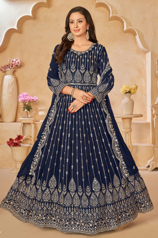 Navy Blue Colour Semi Stitched Faux Georgette Anarkali Suit