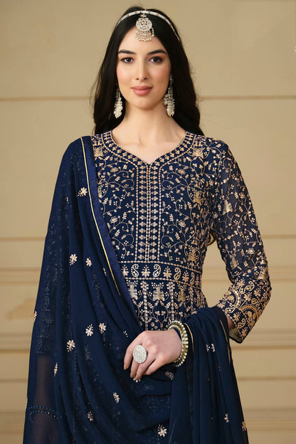 Navy Blue Colour Semi Stitched Faux Georgette Anarkali Suit