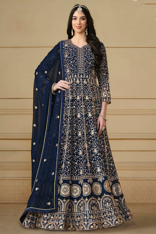 Navy Blue Colour Semi Stitched Faux Georgette Anarkali Suit