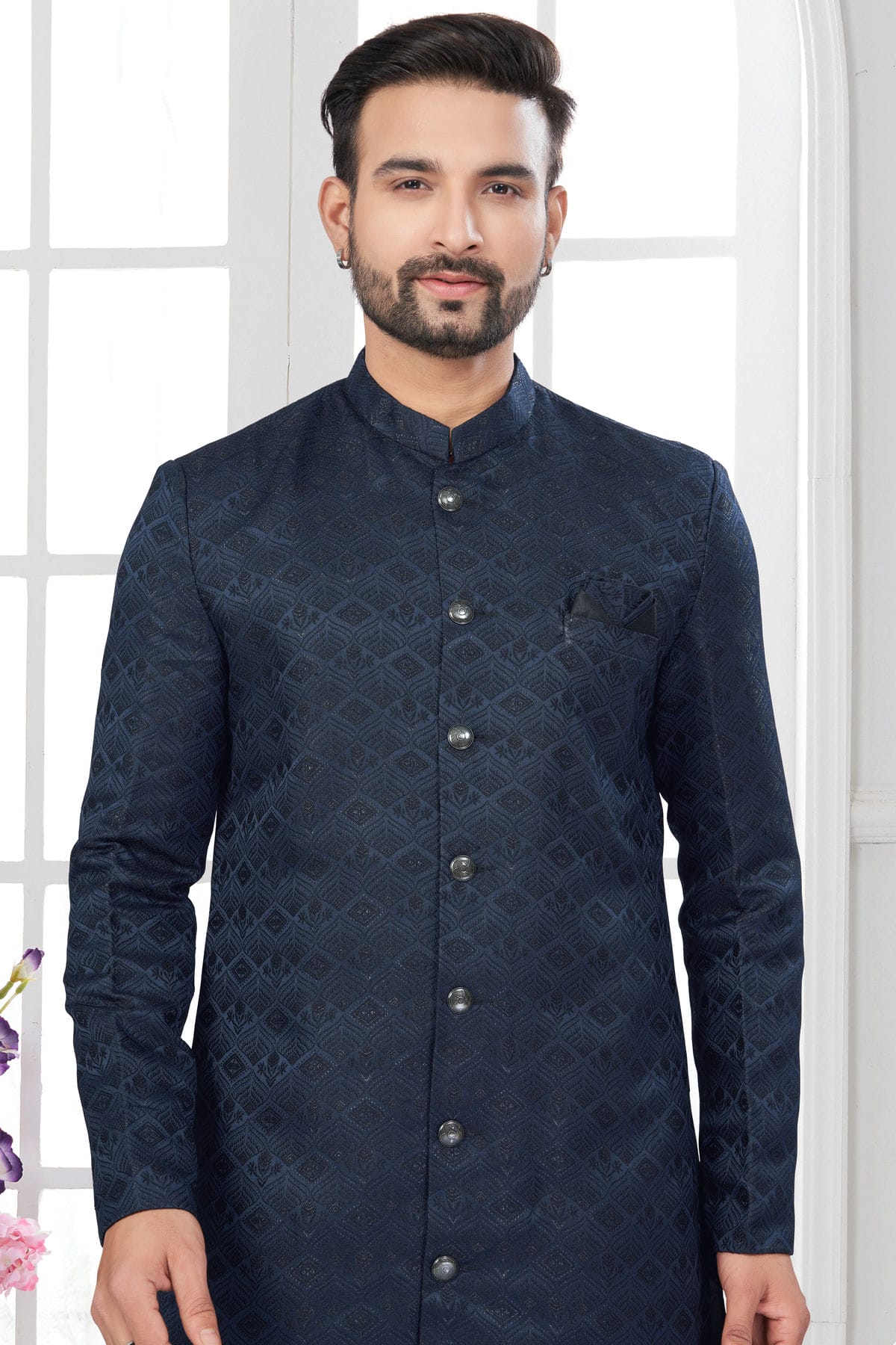 Navy Blue Colour Silk Dupion Sherwani VSSH1040627