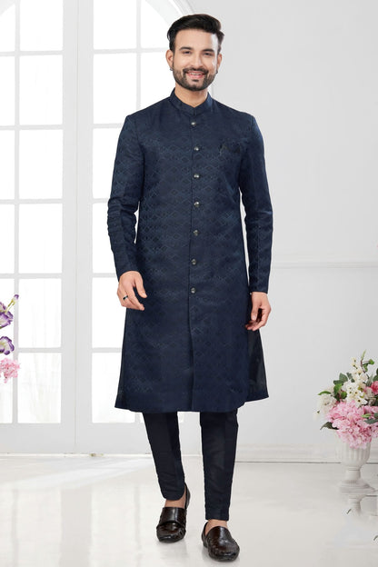 Navy Blue Colour Silk Dupion Sherwani