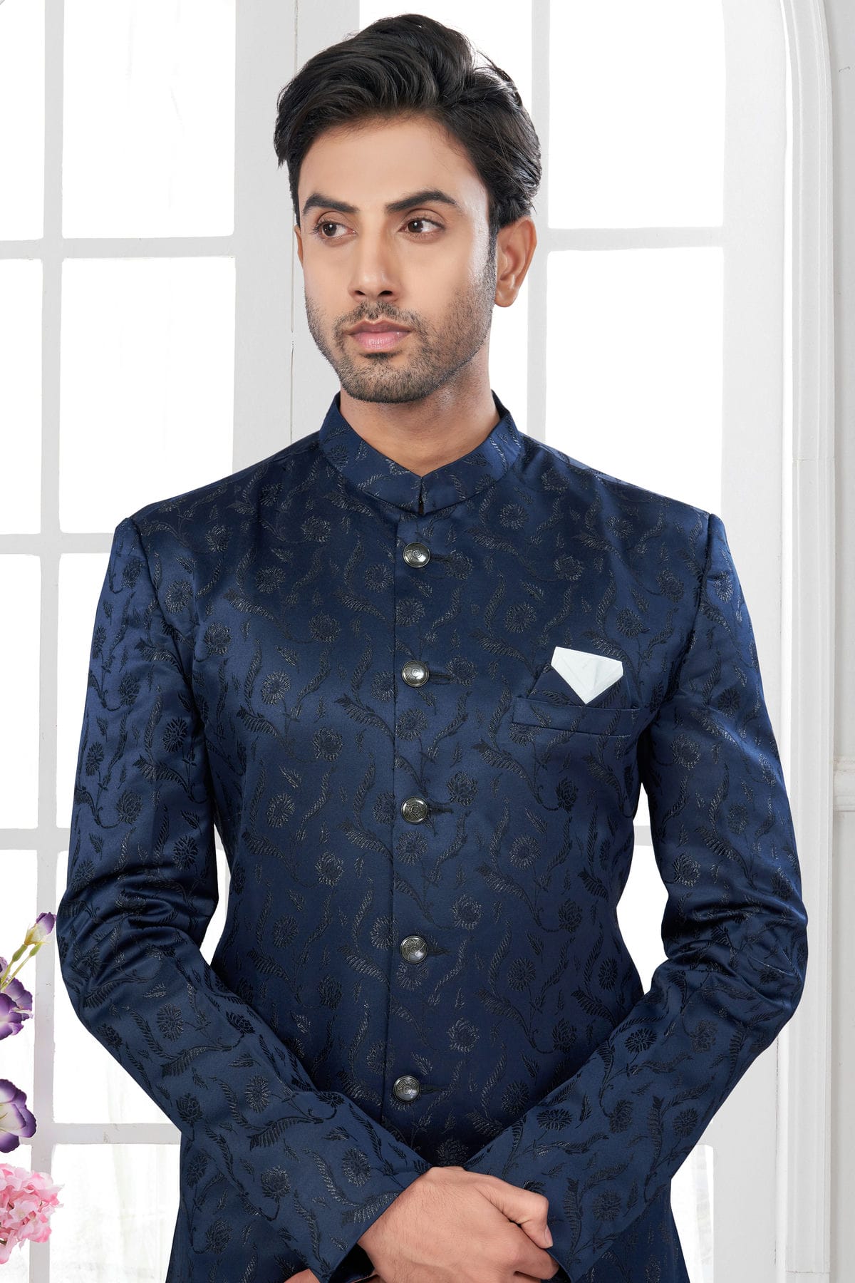 Navy Blue Colour Silk Dupion Sherwani VSSH1040642