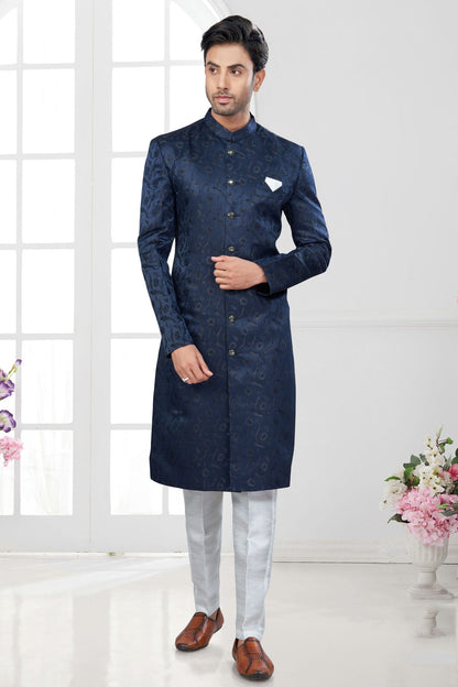 Navy Blue Colour Silk Dupion Sherwani