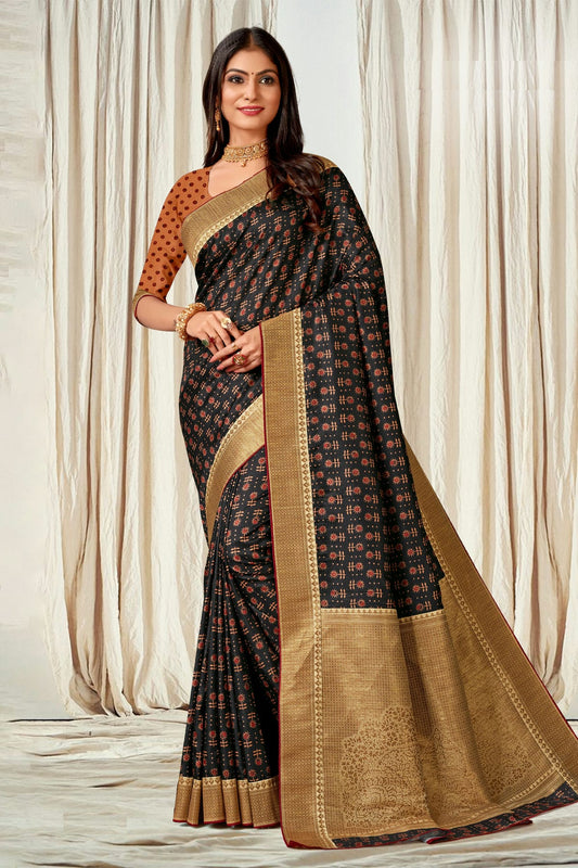 Navy Blue Colour Tussar Silk Printed Saree