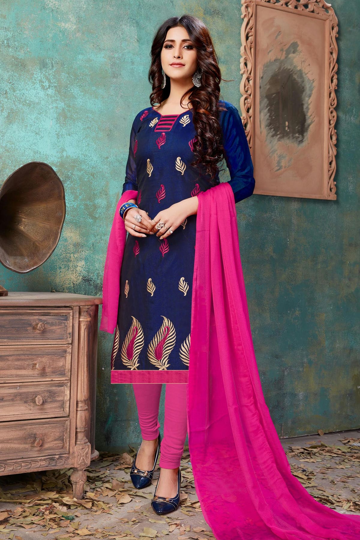 Navy Blue Colour Unstitched Chanderi Cotton Straight Suit