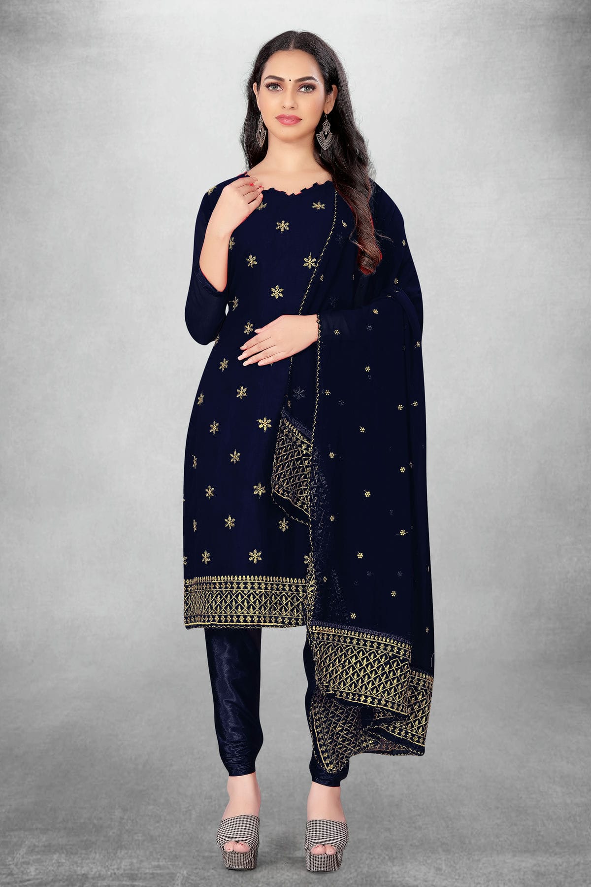 Navy Blue Colour Unstitched Georgette Churidar Suit