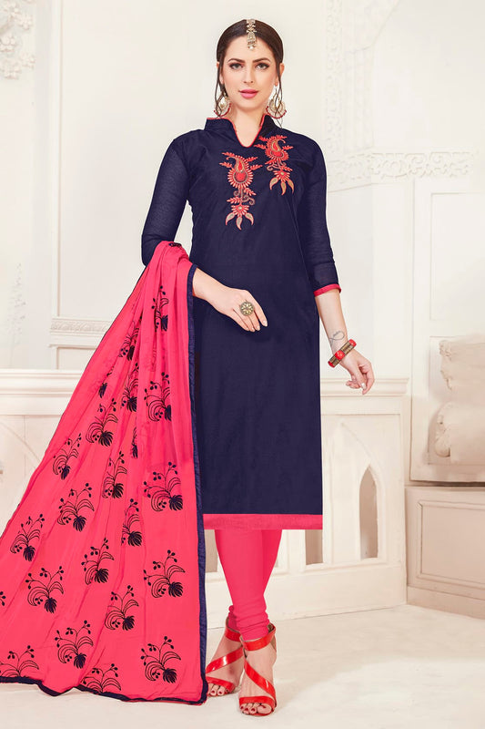 Navy Blue Colour Unstitched Modal Silk Churidar Suit