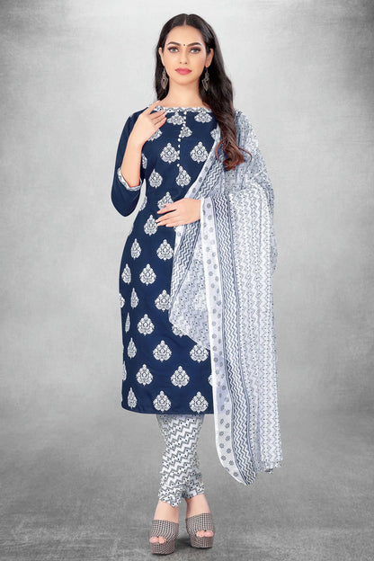 Navy Blue Colour Unstitched Slub Cotton Churidar Suit