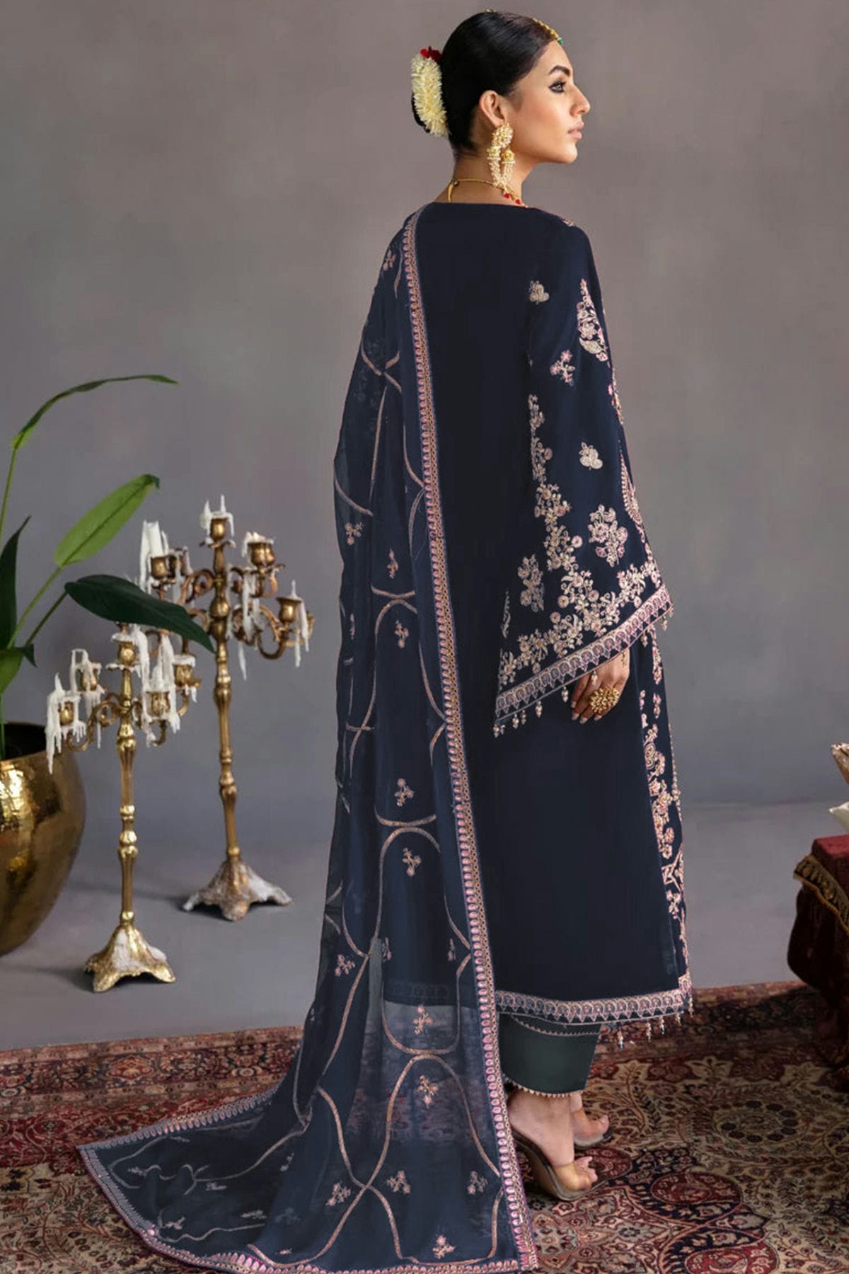 Navy Blue Colour Velvet Semi Stitched Pakistani Suit