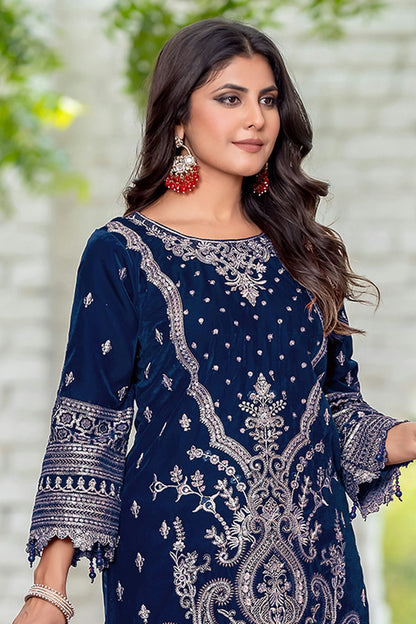 Navy Blue Colour Velvet Semi Stitched Pakistani Suit