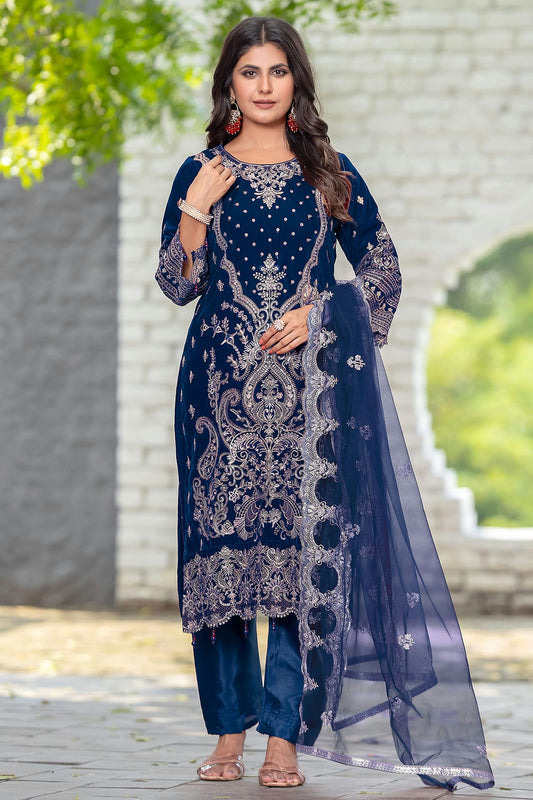 Navy Blue Colour Velvet Semi Stitched Pakistani Suit