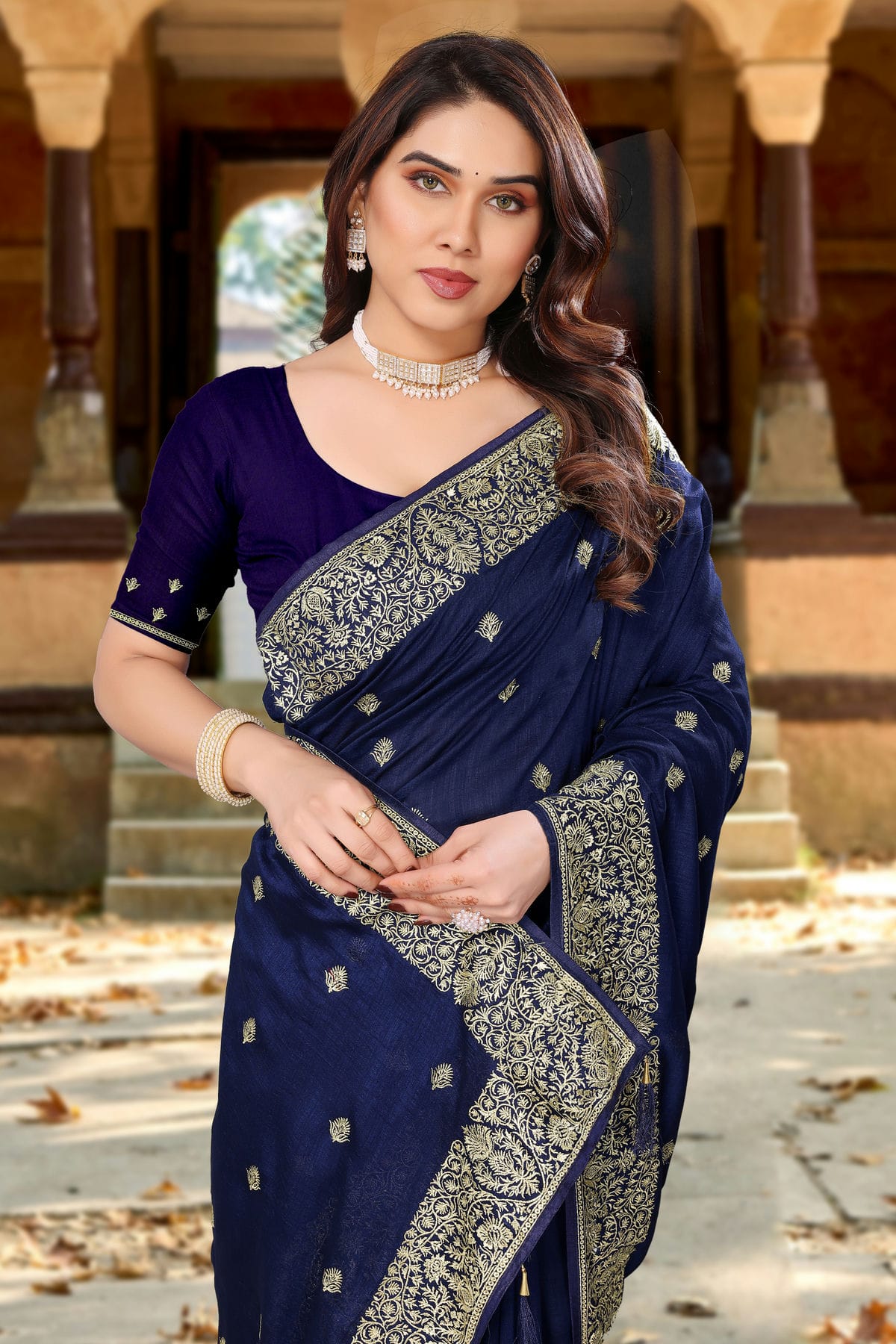 Navy Blue Colour Vichitra Bloming Designer Saree