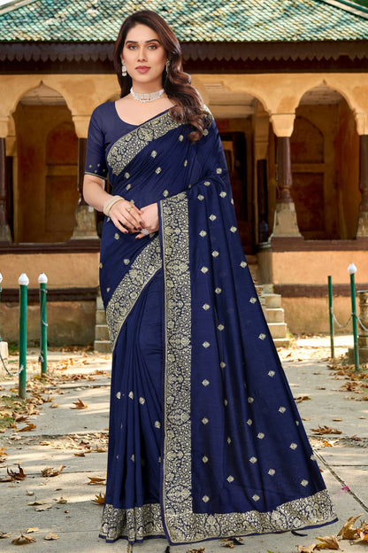 Navy Blue Colour Vichitra Bloming Designer Saree