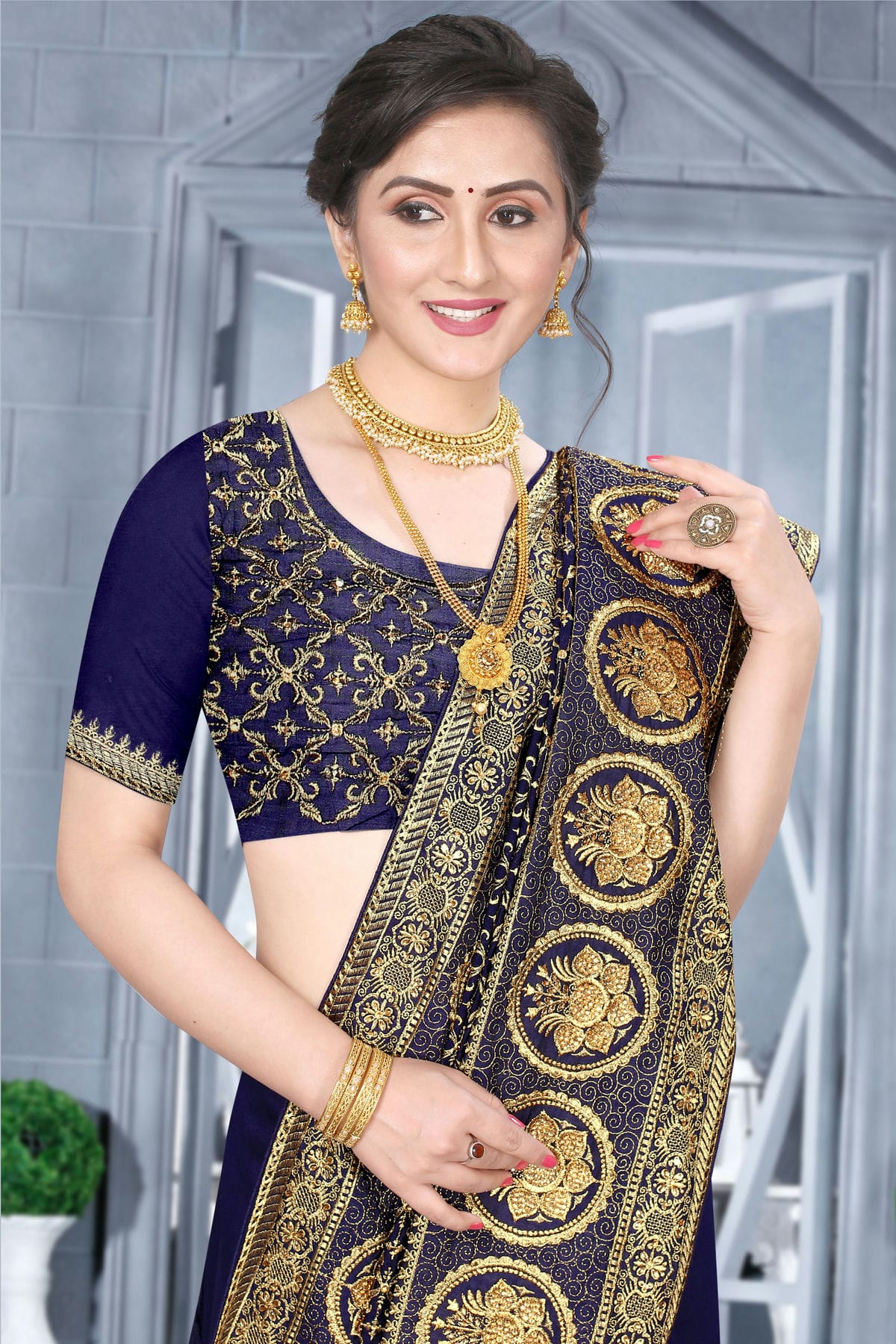 Navy Blue Colour Vichitra Bloming Silk Designer Saree