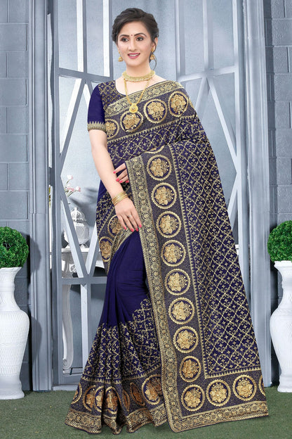 Navy Blue Colour Vichitra Bloming Silk Designer Saree