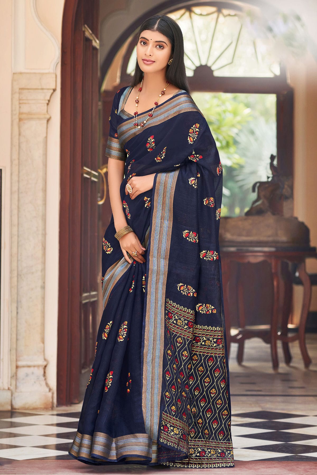 Navy Blue Colour Woven Work Chanderi Saree