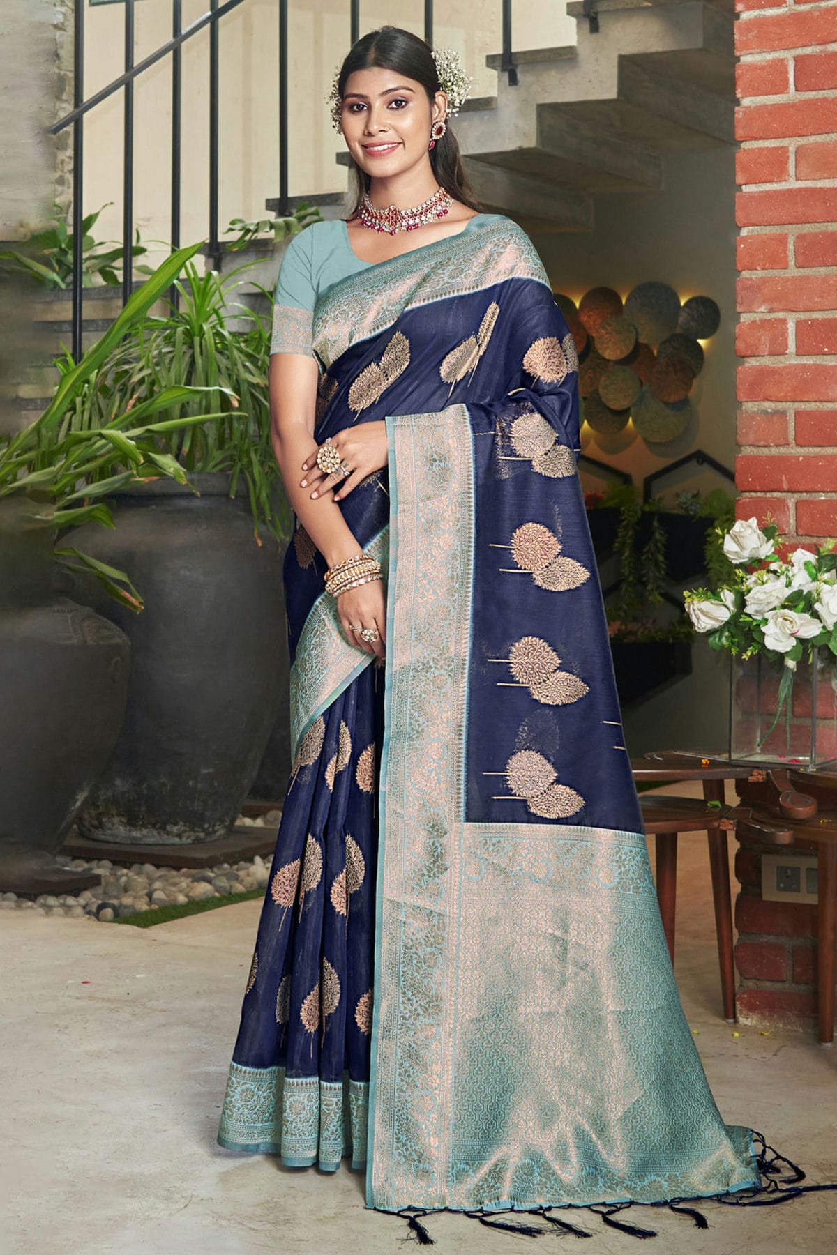 Navy Blue Colour Woven Work Cotton Saree