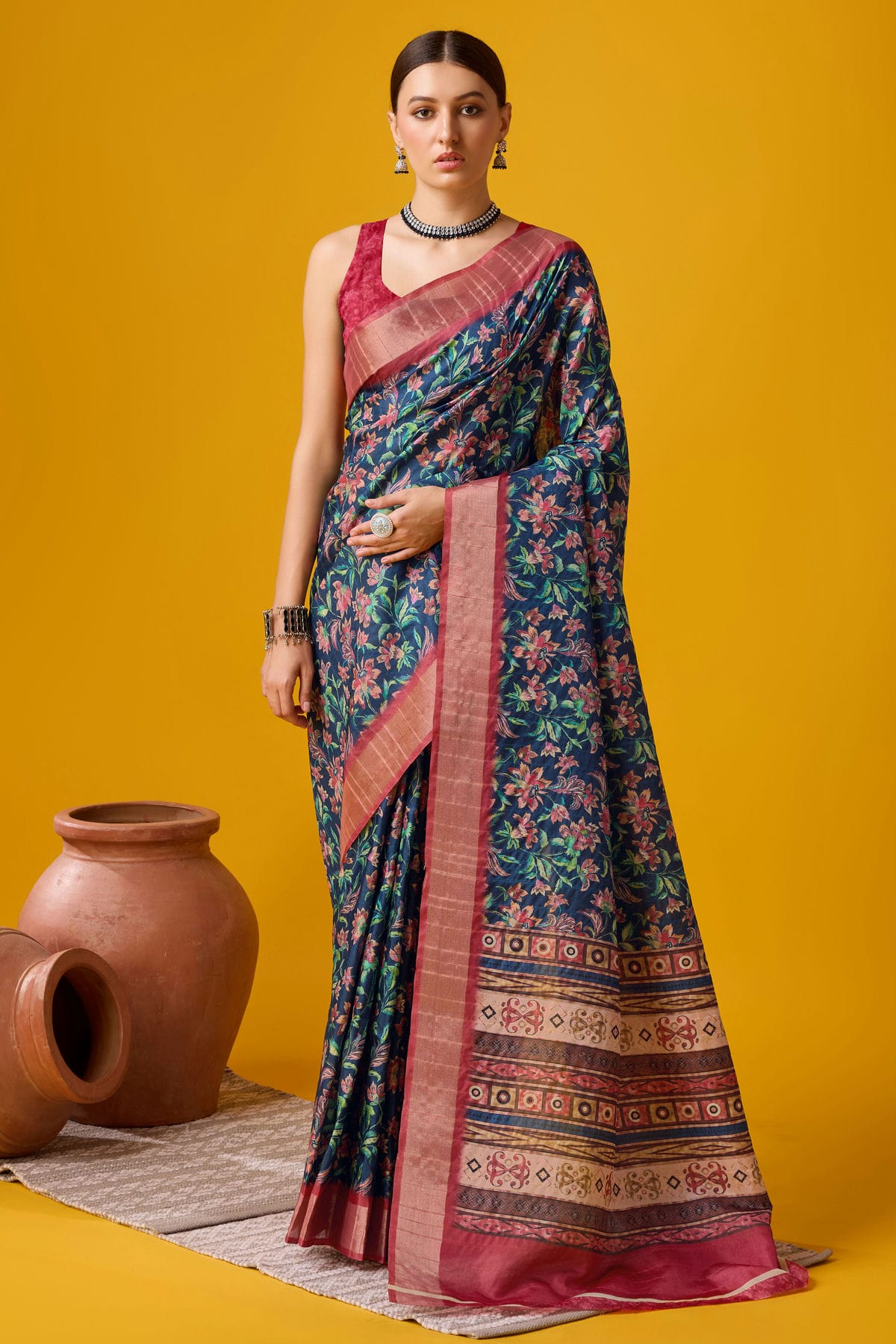 Navy Blue Colour Woven Work Cotton Saree