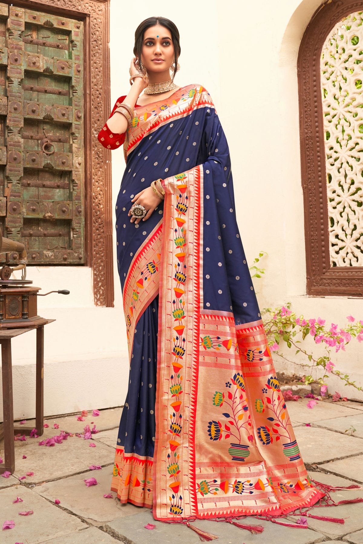 Navy Blue Colour Woven Work Paithani Silk Saree