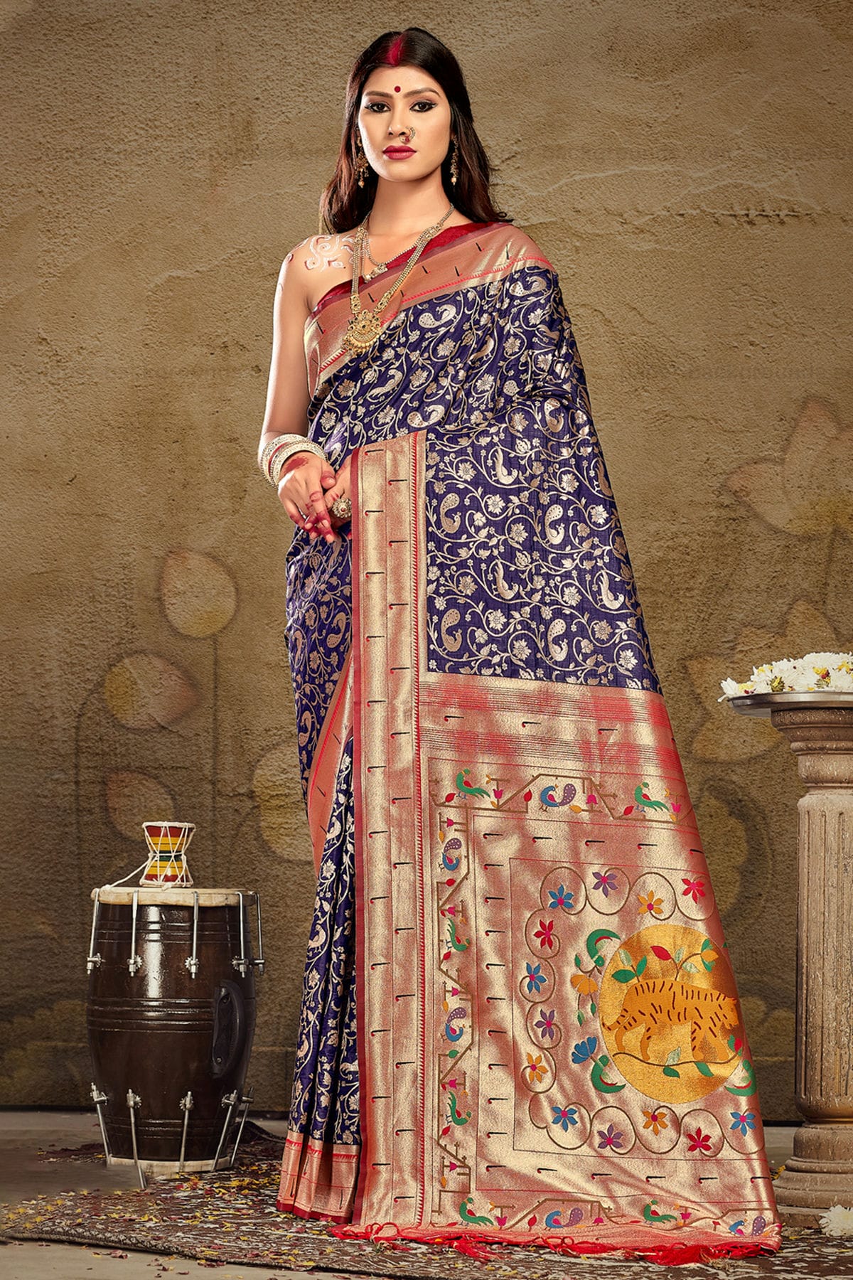 Navy Blue Colour Woven Work Paithani Silk Saree