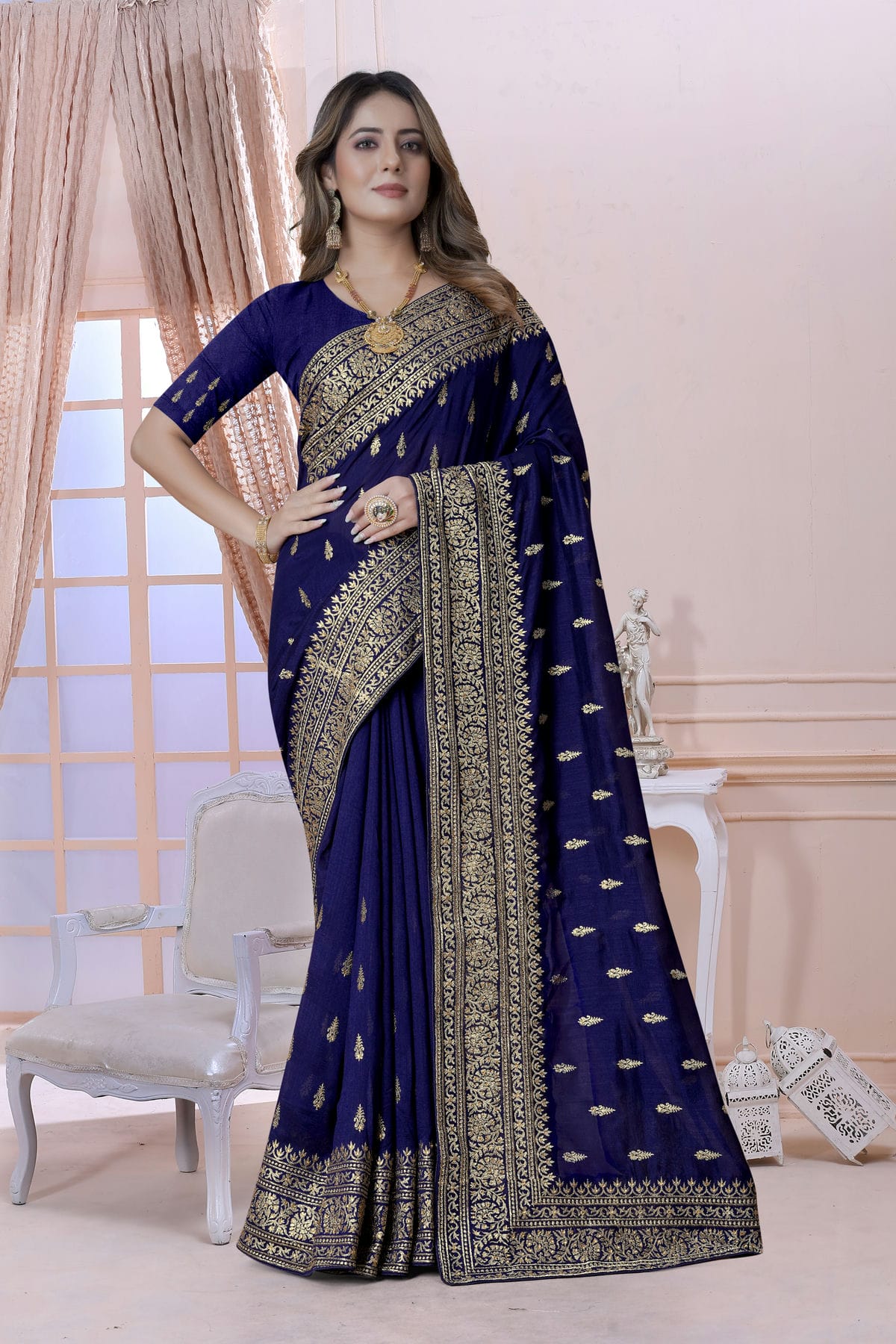 Navy Blue Colour Vichitra Silk Saree