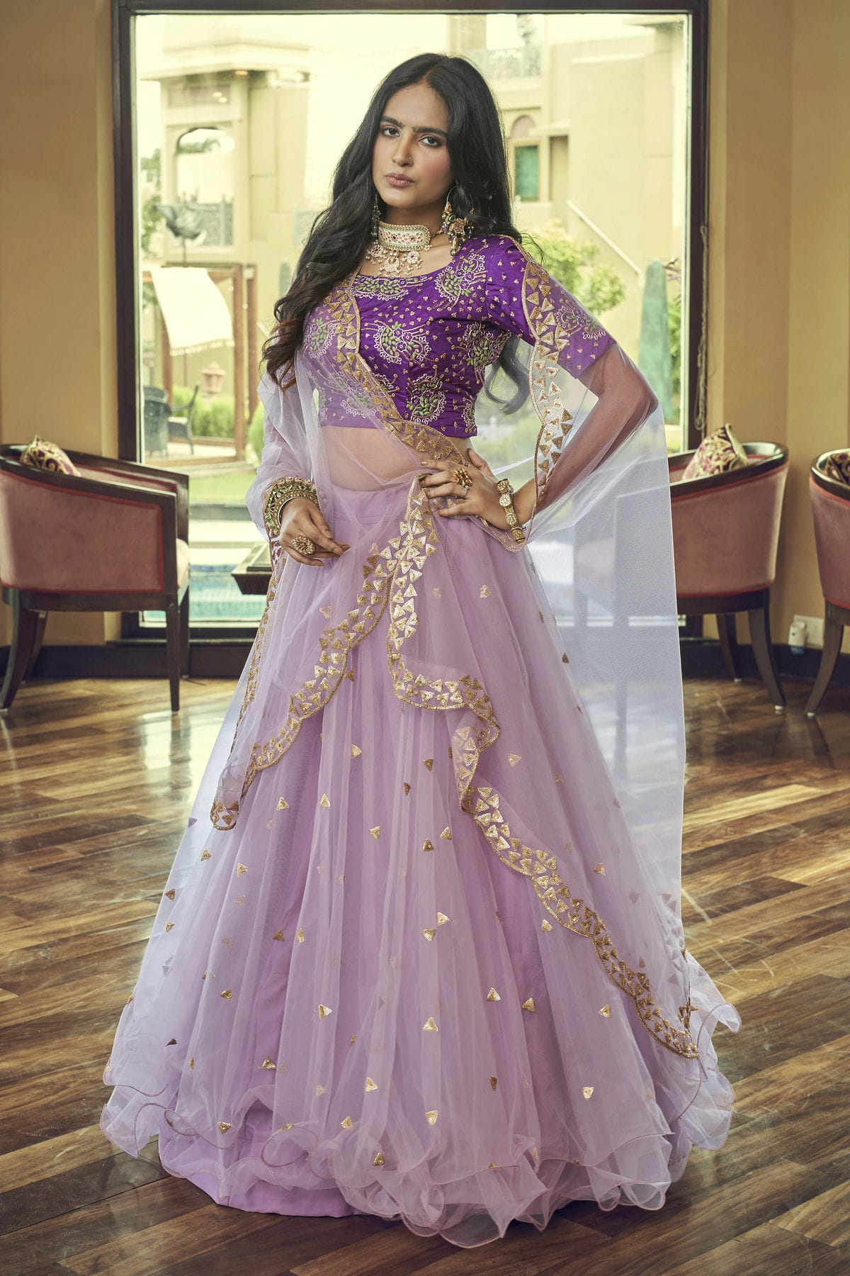 Nylon Net Designer Lehenga Choli In Lavender Colour