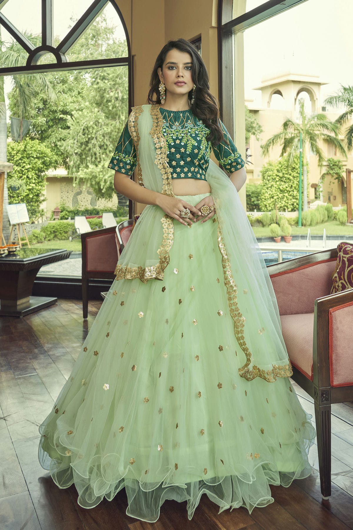 Nylon Net Designer Lehenga Choli In Pista Green Colour