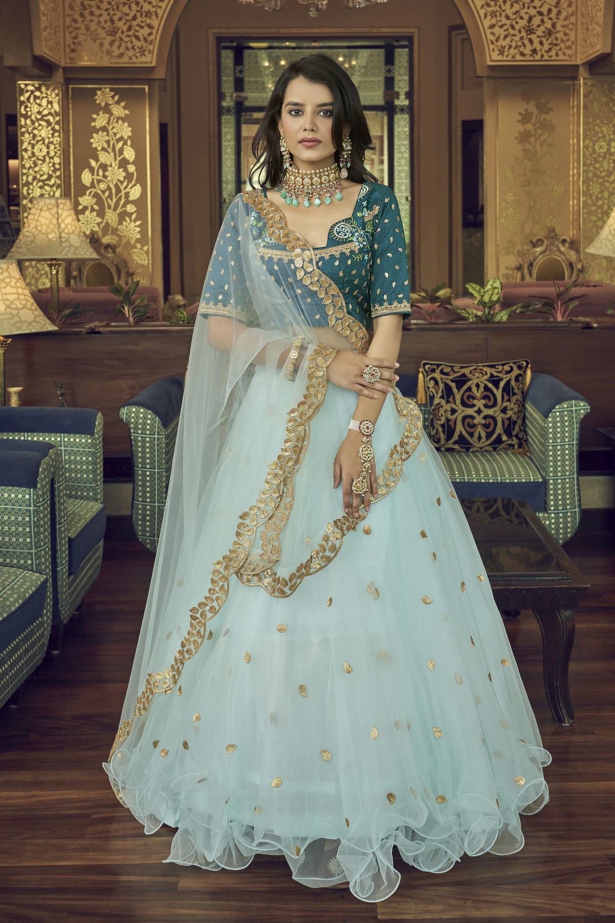 Nylon Net Designer Lehenga Choli In Sky Blue Colour