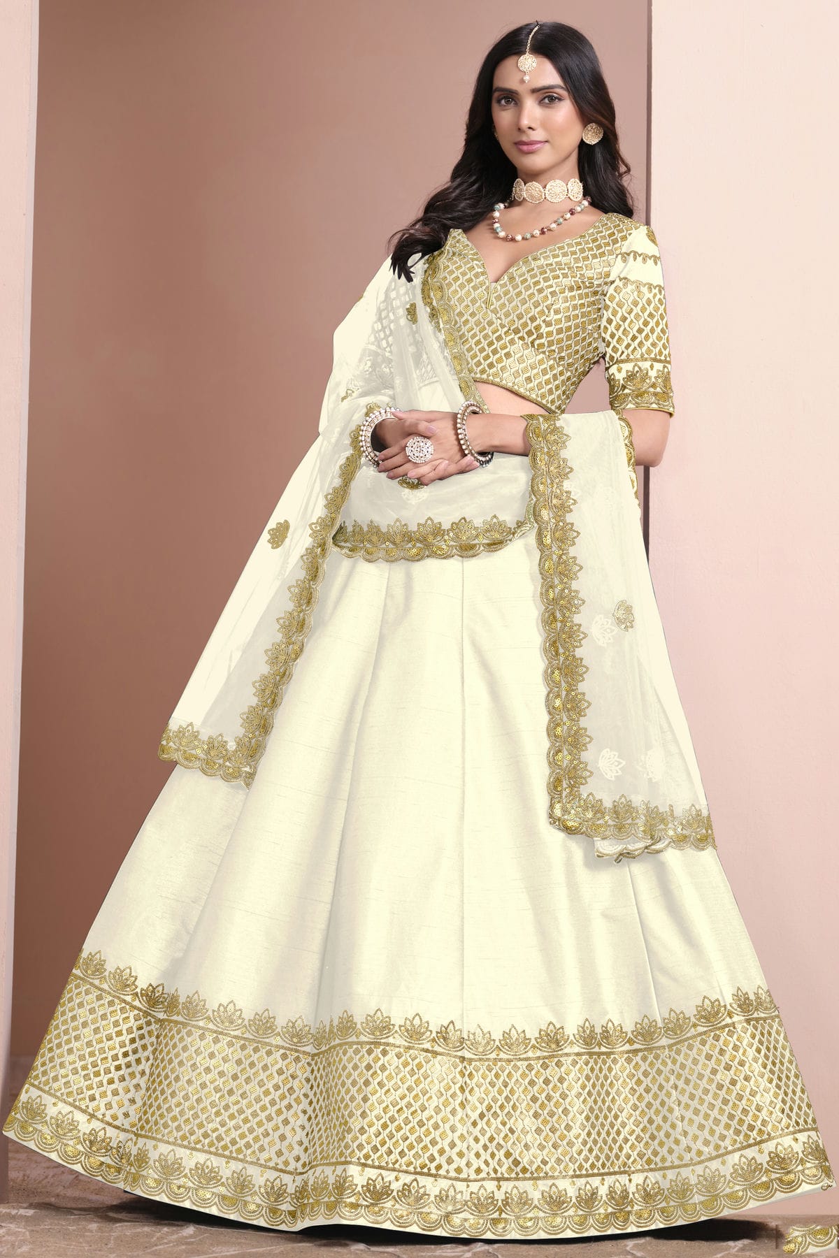 Off White Colour Art Silk Lehenga Choli VSLC1050693