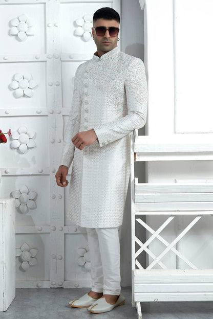 Off White Colour Art Silk Sherwani With Churidar Pant VSSH1230072