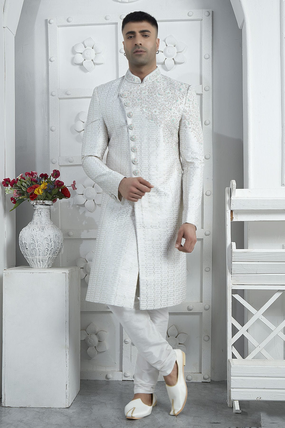 Off White Colour Art Silk Sherwani With Churidar Pant