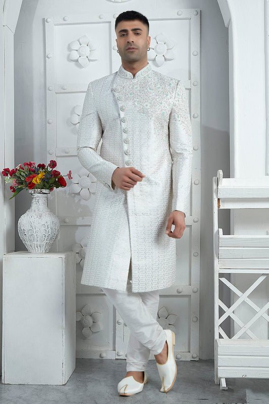 Off White Colour Art Silk Sherwani With Churidar Pant