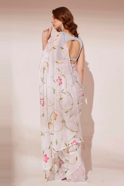 Off White Colour Blooming Organza Saree