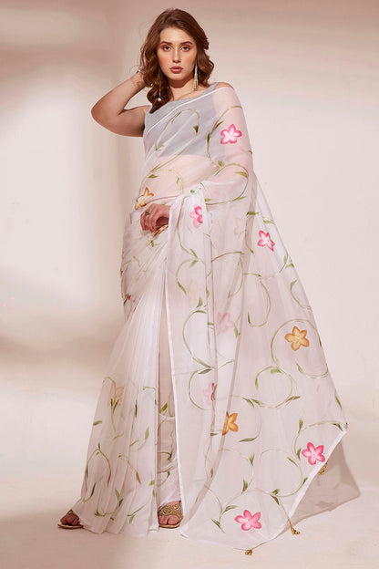 Off White Colour Blooming Organza Saree