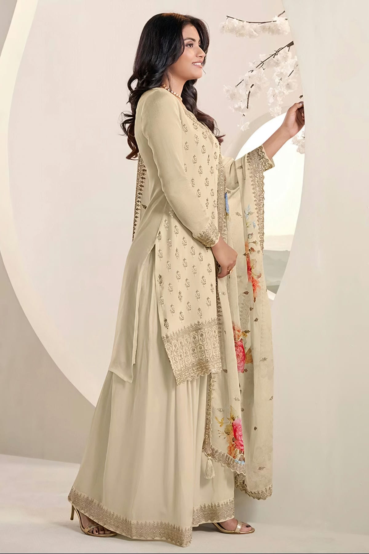 Off White Colour Chinon Sharara Suit