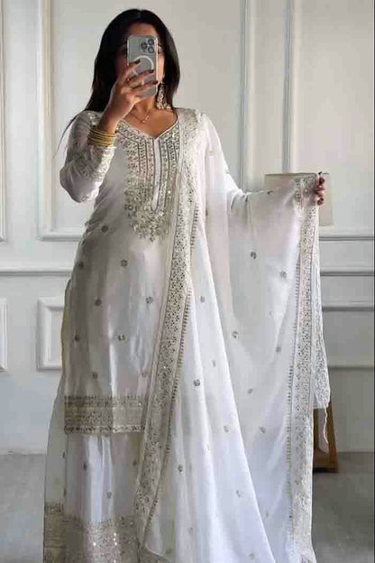 Off White Colour Chinon Silk Stitched Sharara Suit VSSS1140770