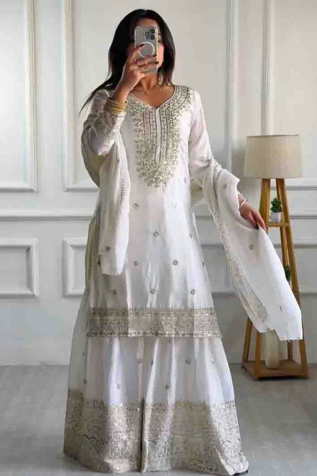 Off White Colour Chinon Silk Stitched Sharara Suit VSSS1140770