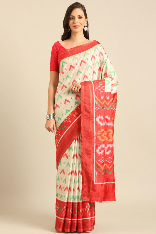 Off White Colour Cotton Manipuri Patola Handloom Saree