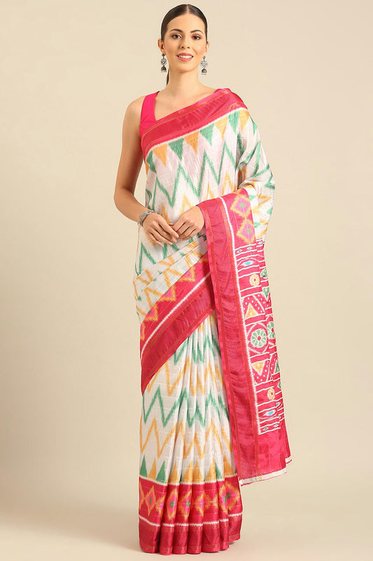 Off White Colour Cotton Manipuri Patola Handloom Saree