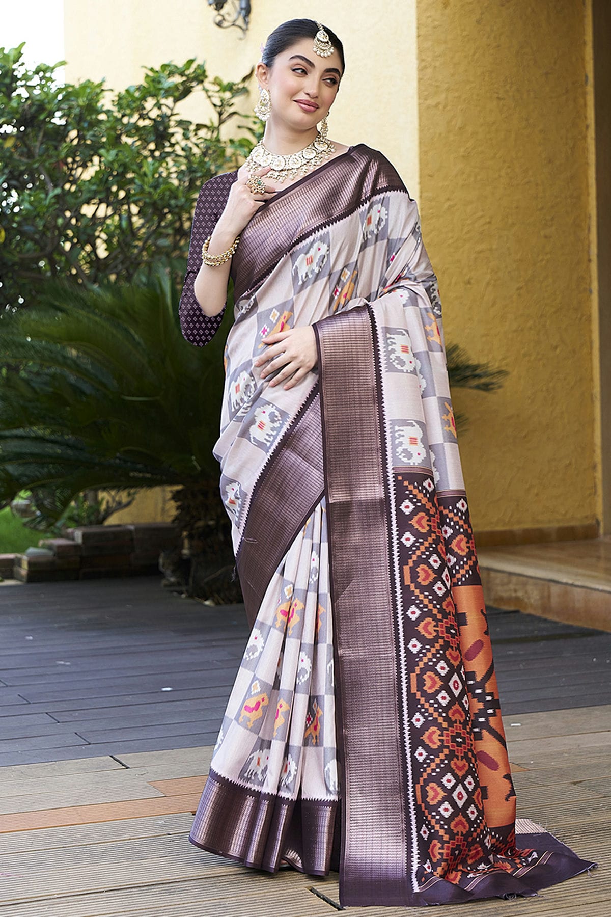 Off White Colour Crepe Traditional Saree