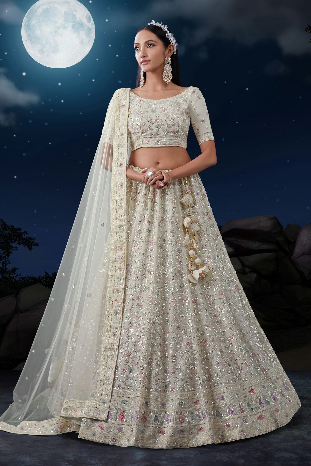 Off White Colour Embroidery Georgette Lehenga Choli