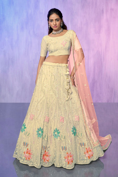 Off White Colour Embroidery Net Lehenga Choli