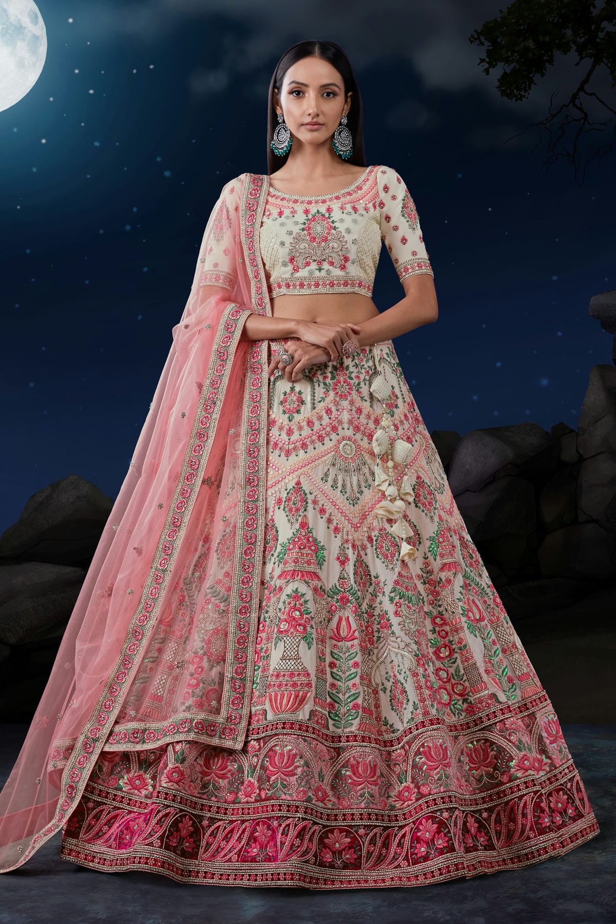 Off White Colour Embroidery Soft Net Lehenga Choli