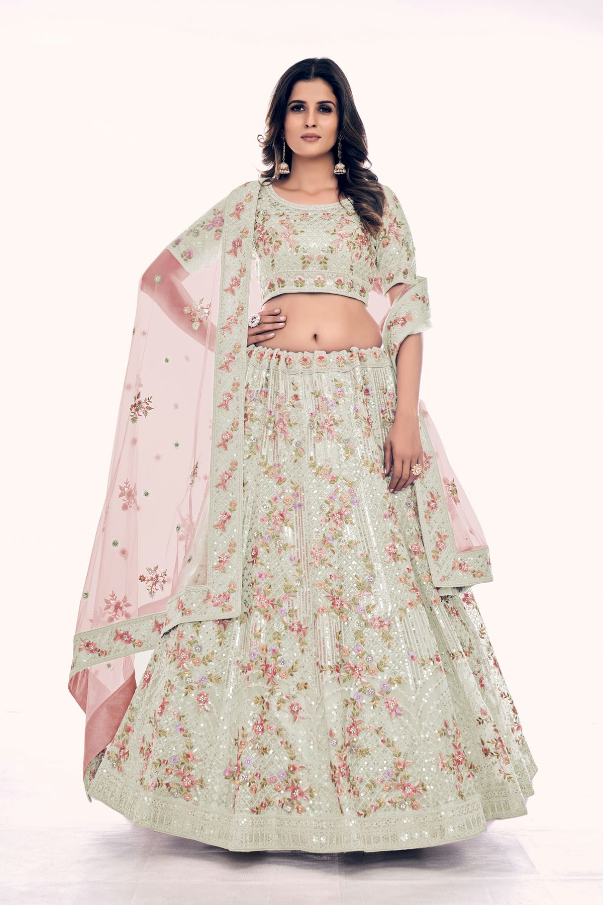 Off White Colour Embroidery Soft Net Lehenga Choli