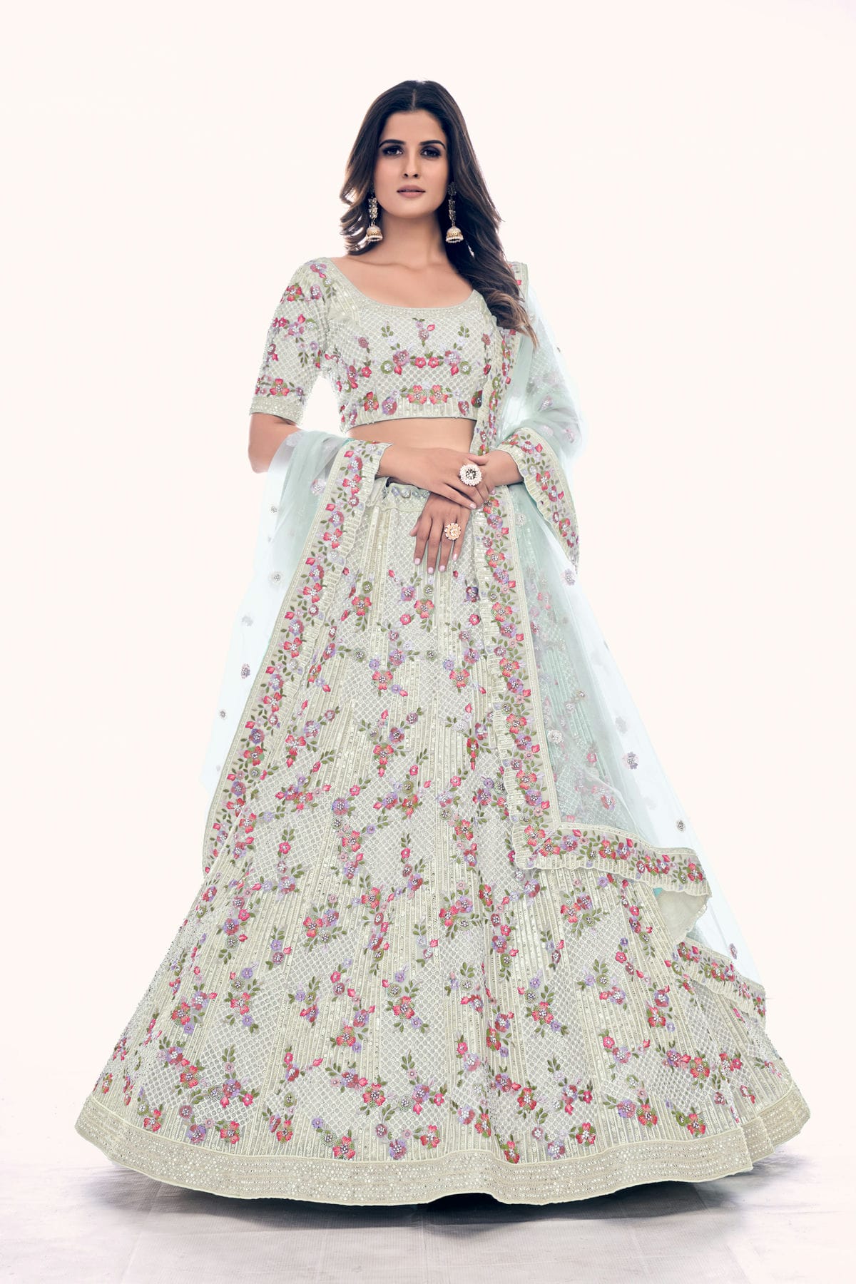 Off White Colour Embroidery Soft Net Lehenga Choli