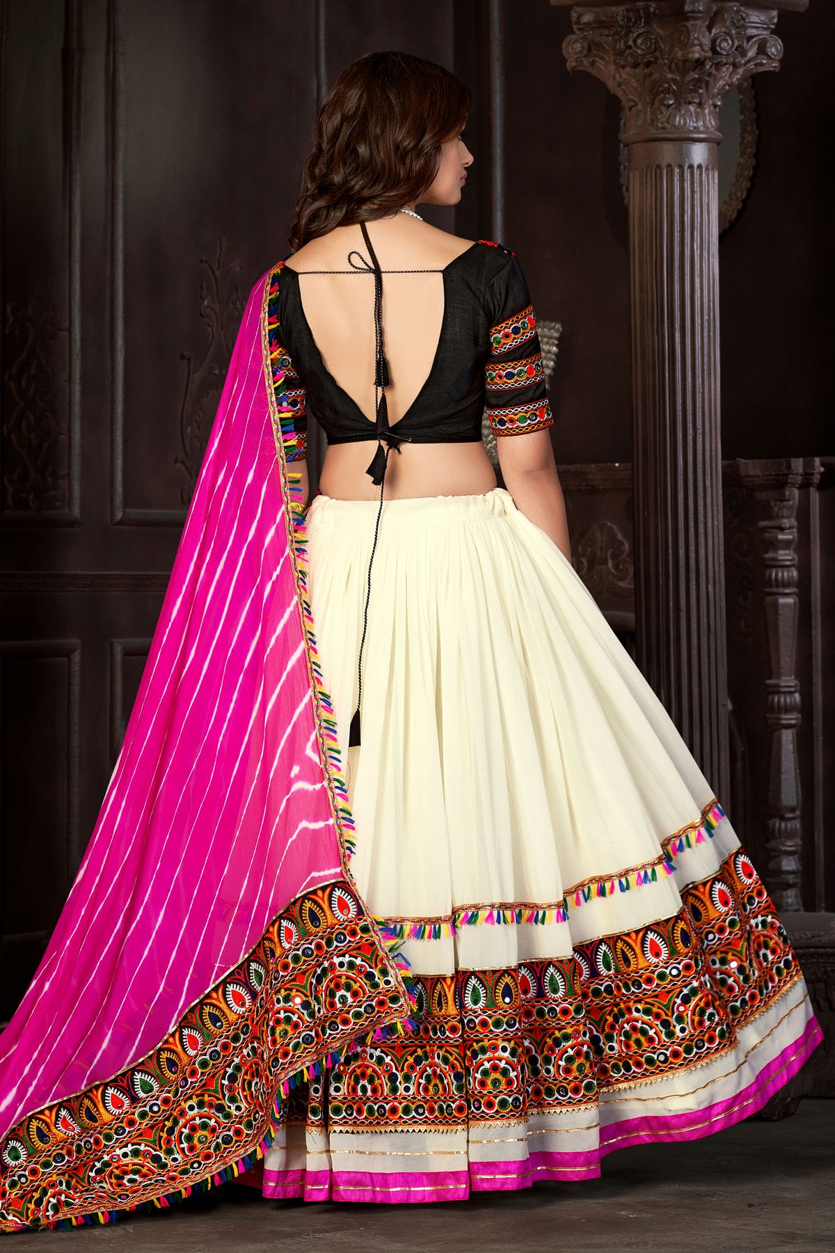 Off White Colour Embroidery Work Georgette Navratri Lehenga