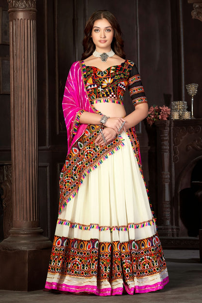 Off White Colour Embroidery Work Georgette Navratri Lehenga